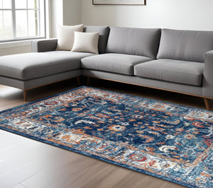 HomeRoots 5' Elegant Ivory Navy and Orange Floral Area Rug - Durable, Pet-Friendly Design for Busy Homes 8' X 10' 531904