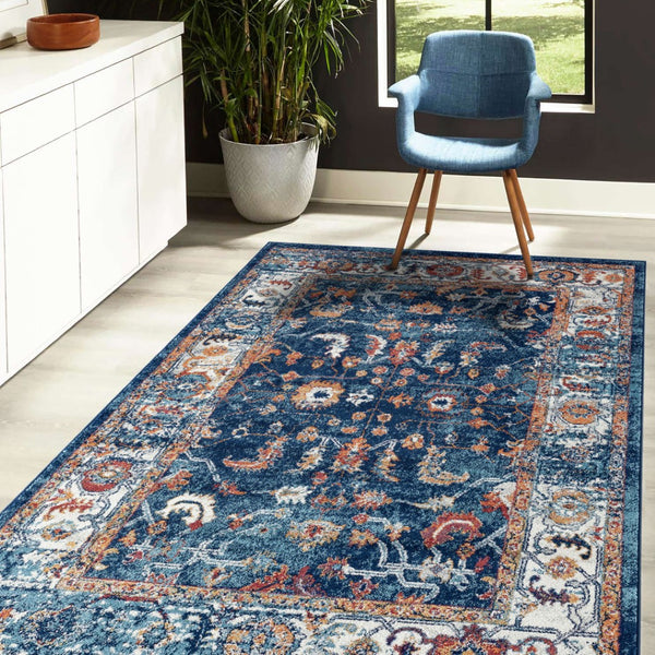 HomeRoots 5' Elegant Ivory Navy and Orange Floral Area Rug - Durable, Pet-Friendly Design for Busy Homes 9' X 12' 531905