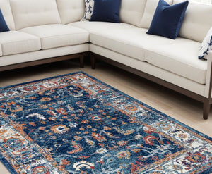 HomeRoots 5' Elegant Ivory Navy and Orange Floral Area Rug - Durable, Pet-Friendly Design for Busy Homes 9' X 12' 531905