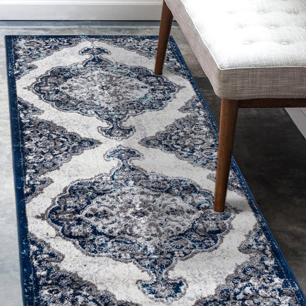 Homeroots 6' Navy And Ivory Medallion Power Loom Runner Rug - Stylish, Stain Resistant, Perfect For High Traffic Areas 2' X 6' Polypropylene 531907