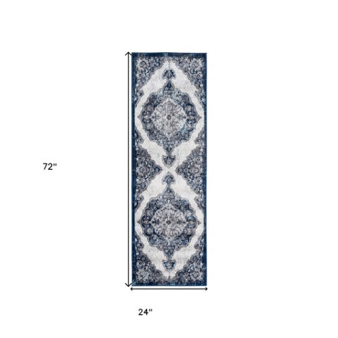 Homeroots 6' Navy And Ivory Medallion Power Loom Runner Rug - Stylish, Stain Resistant, Perfect For High Traffic Areas 2' X 6' Polypropylene 531907