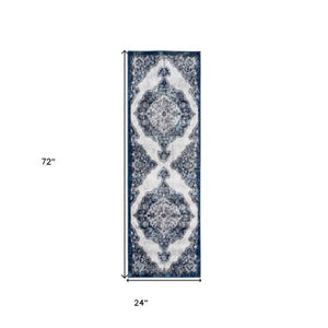 Homeroots 6' Navy And Ivory Medallion Power Loom Runner Rug - Stylish, Stain Resistant, Perfect For High Traffic Areas 2' X 6' Polypropylene 531907