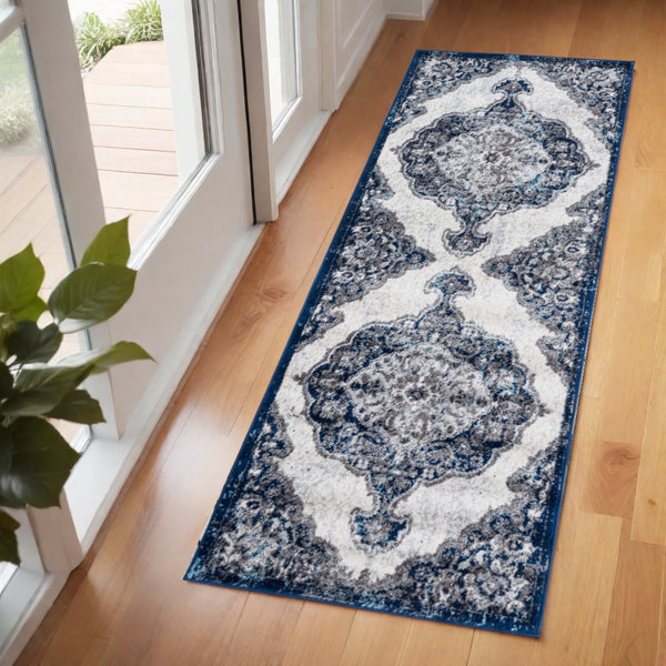 Homeroots 6' Navy And Ivory Medallion Power Loom Runner Rug - Stylish, Stain Resistant, Perfect For High Traffic Areas 2' X 6' Polypropylene 531907