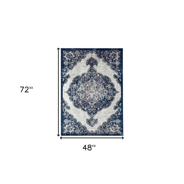 Homeroots 4' X 6' Navy And Ivory Medallion Power Loom Area Rug  Polypropylene 531908