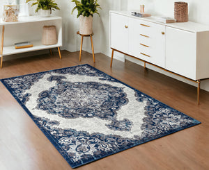 Homeroots 4' X 6' Navy And Ivory Medallion Power Loom Area Rug  Polypropylene 531908