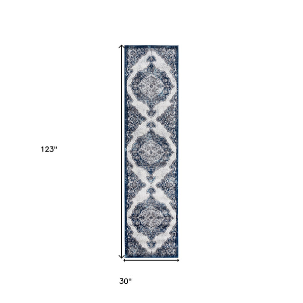 Homeroots 10' Navy And Ivory Medallion Power Loom Runner Rug  Polypropylene 531909