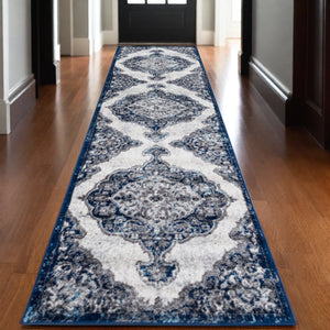 Homeroots 10' Navy And Ivory Medallion Power Loom Runner Rug  Polypropylene 531909