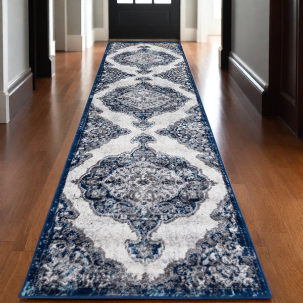 Homeroots 10' Navy And Ivory Medallion Power Loom Runner Rug  Polypropylene 531909