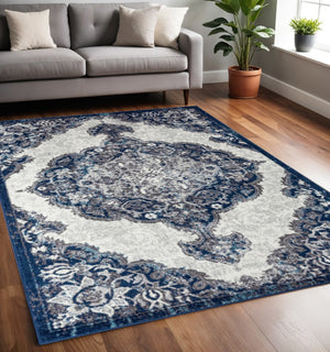 HomeRoots 5' Ivory Gray and Blue Medallion Area Rug - Elegant, Durable, Stain-Resistant for Any Room Decor 5' X 8' 531910