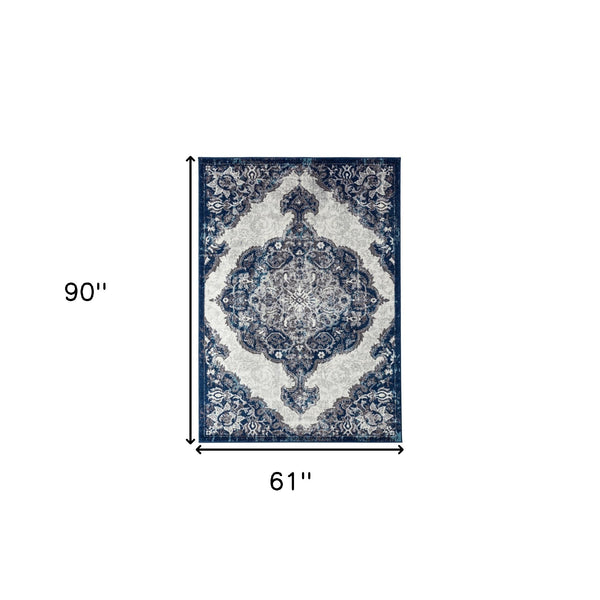 Homeroots 5' X 8' Navy And Ivory Medallion Power Loom Area Rug  Polypropylene 531910