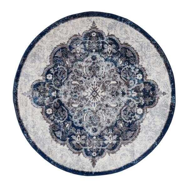 Homeroots 6' Navy And Ivory Medallion Power Loom Round Rug  Polypropylene 531911