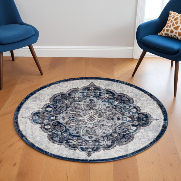 Homeroots 6' Navy And Ivory Medallion Power Loom Round Rug  Polypropylene 531911