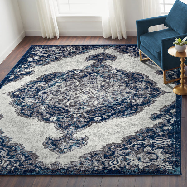 Homeroots 8' X 10' Navy And Ivory Medallion Power Loom Area Rug  Polypropylene 531912