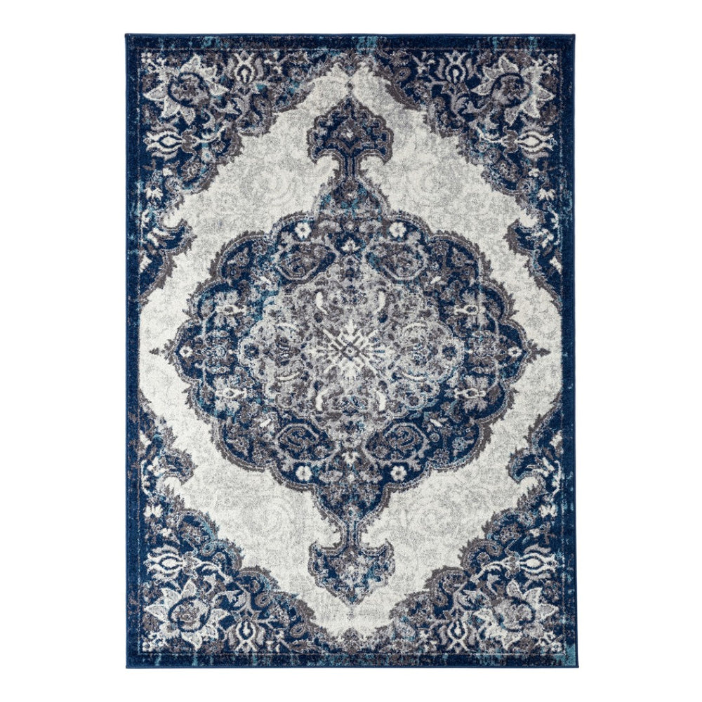 HomeRoots 5' Ivory Gray and Blue Medallion Area Rug - Elegant, Durable, Stain-Resistant for Any Room Decor 9' X 12' 531913