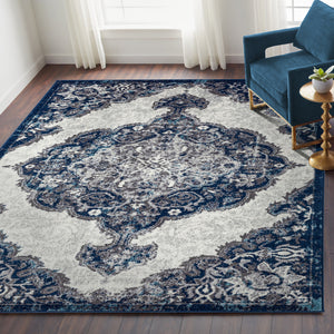 Homeroots 9' X 12' Navy And Ivory Medallion Power Loom Area Rug  Polypropylene 531913