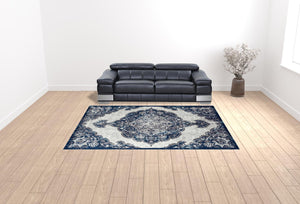 Homeroots 9' X 12' Navy And Ivory Medallion Power Loom Area Rug  Polypropylene 531913