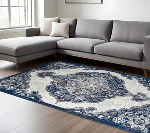 HomeRoots 5' Ivory Gray and Blue Medallion Area Rug - Elegant, Durable, Stain-Resistant for Any Room Decor 9' X 12' 531913