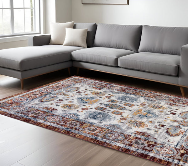 HomeRoots 9' Elegant Floral Area Rug in Ivory, Brown, and Orange - Perfect for High-Traffic Homes! 9' X 12' 531921