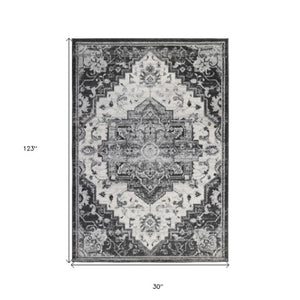 Homeroots 10' Medallion Power Loom Runner Rug In Ivory, Black & Gray – Stain Resistant For Kid-friendly Spaces 10' Runner Polypropylene 531933