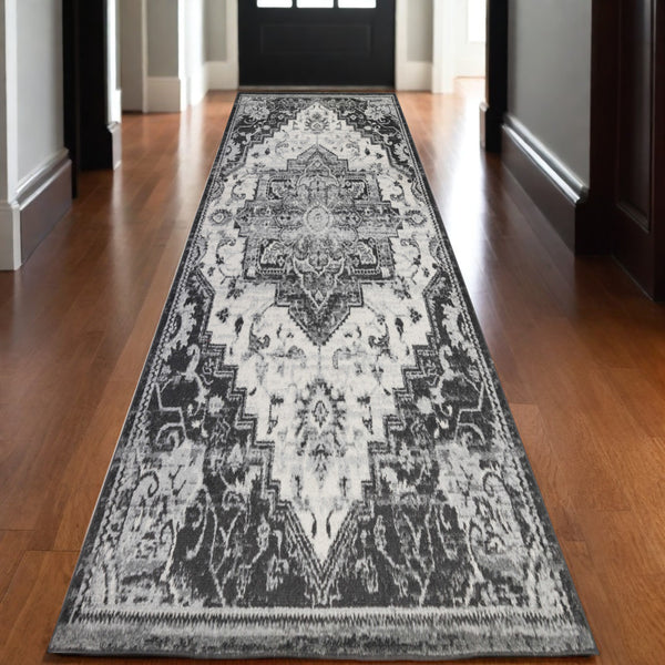 Homeroots 10' Medallion Power Loom Runner Rug In Ivory, Black & Gray – Stain Resistant For Kid-friendly Spaces 10' Runner Polypropylene 531933