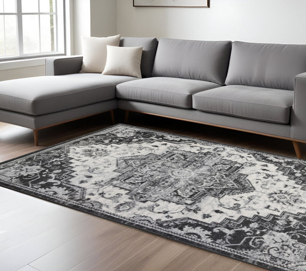 Homeroots 10' Medallion Power Loom Runner Rug In Ivory, Black & Gray – Stain Resistant For Kid-friendly Spaces 8' X 10' Polypropylene 531936