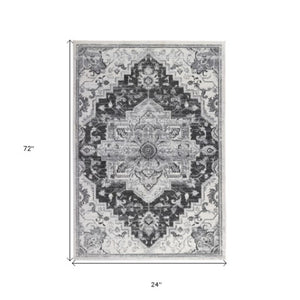 Homeroots 10' Medallion Power Loom Runner Rug In Ivory, Black & Gray – Stain Resistant For Kid-friendly Spaces 2' X 6' Polypropylene 531939
