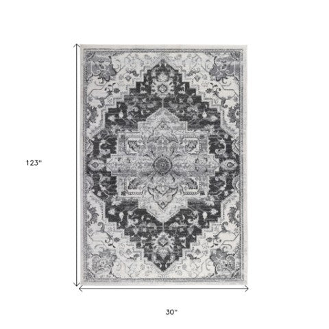 Homeroots 10' Medallion Power Loom Runner Rug In Ivory, Black & Gray – Stain Resistant For Kid-friendly Spaces 10' Runner Polypropylene 531941