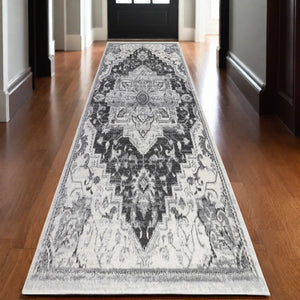 Homeroots 10' Medallion Power Loom Runner Rug In Ivory, Black & Gray – Stain Resistant For Kid-friendly Spaces 10' Runner Polypropylene 531941