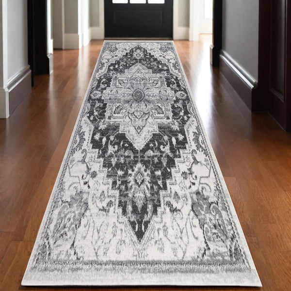 Homeroots 10' Medallion Power Loom Runner Rug In Ivory, Black & Gray – Stain Resistant For Kid-friendly Spaces 10' Runner Polypropylene 531941
