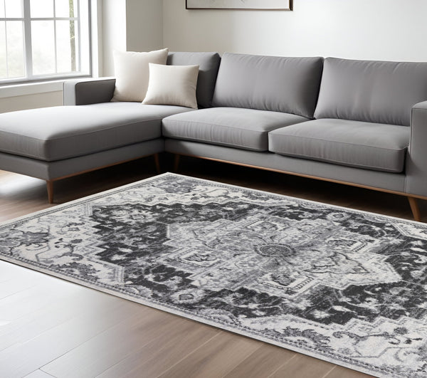 Homeroots 10' Medallion Power Loom Runner Rug In Ivory, Black & Gray – Stain Resistant For Kid-friendly Spaces 9' X 12' Polypropylene 531945