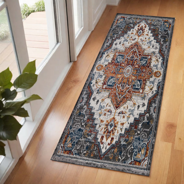 Homeroots 10' Medallion Power Loom Runner Rug In Ivory, Black & Gray – Stain Resistant For Kid-friendly Spaces 2' X 6' Polypropylene 531947