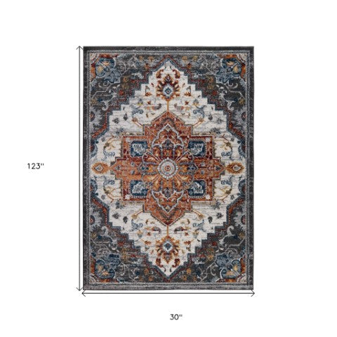Homeroots 10' Medallion Power Loom Runner Rug In Ivory, Black & Gray – Stain Resistant For Kid-friendly Spaces 10' Runner Polypropylene 531949