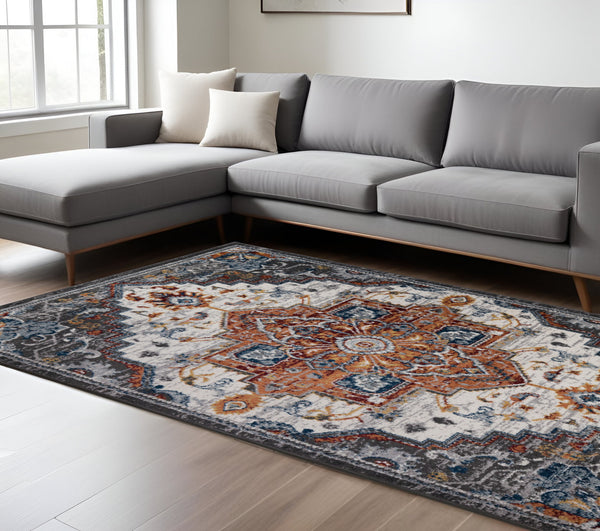 Homeroots 10' Medallion Power Loom Runner Rug In Ivory, Black & Gray – Stain Resistant For Kid-friendly Spaces 8' X 10' Polypropylene 531952