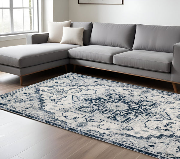 Homeroots 10' Medallion Power Loom Runner Rug In Ivory, Black & Gray – Stain Resistant For Kid-friendly Spaces 9' X 12' Polypropylene 531961