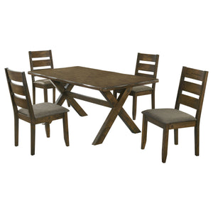 English Elm Gawain Rustic Knotty Nutmeg 5-Piece Dining Set - Trestle Table & Plush Chairs For Cozy Gatherings B062S00893