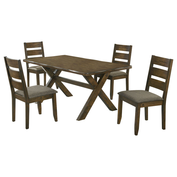 English Elm Gawain Rustic Knotty Nutmeg 5-Piece Dining Set - Trestle Table & Plush Chairs For Cozy Gatherings B062S00893