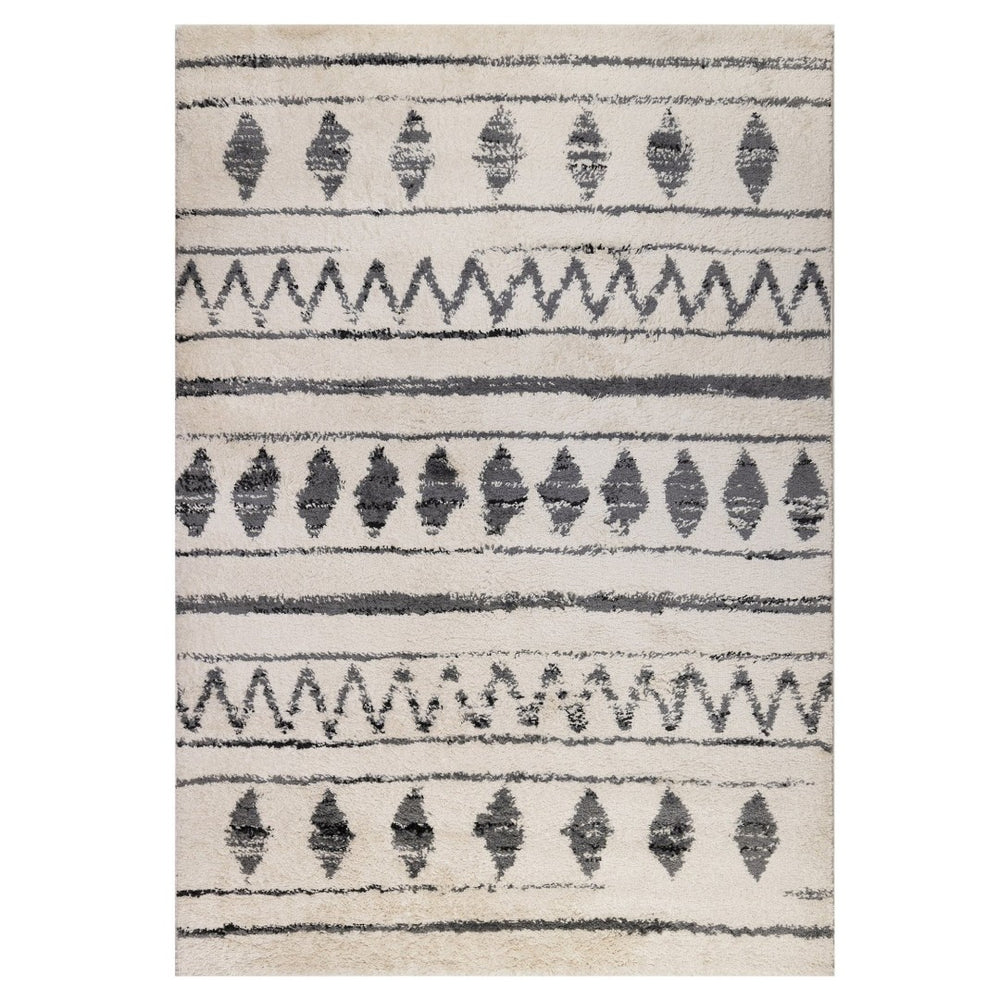 HomeRoots 7' Cream Black and Gray Geometric Shag Area Rug – Luxurious Soft Surface for Modern Spaces 7' X 9' 531969