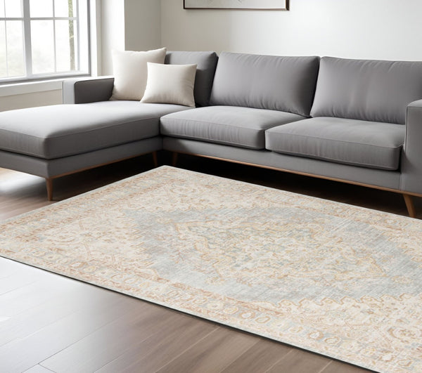 HomeRoots 9' Distressed Area Rug in Tan and Gray Medallion Design - Perfect for Any Living Space Elegance 9' X 13' 531990