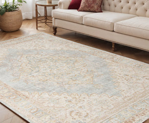 HomeRoots 9' Distressed Area Rug in Tan and Gray Medallion Design - Perfect for Any Living Space Elegance 5' X 7' 531993
