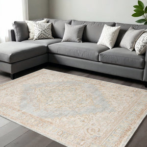 HomeRoots 9' Distressed Area Rug in Tan and Gray Medallion Design - Perfect for Any Living Space Elegance 8' X 10' 531994