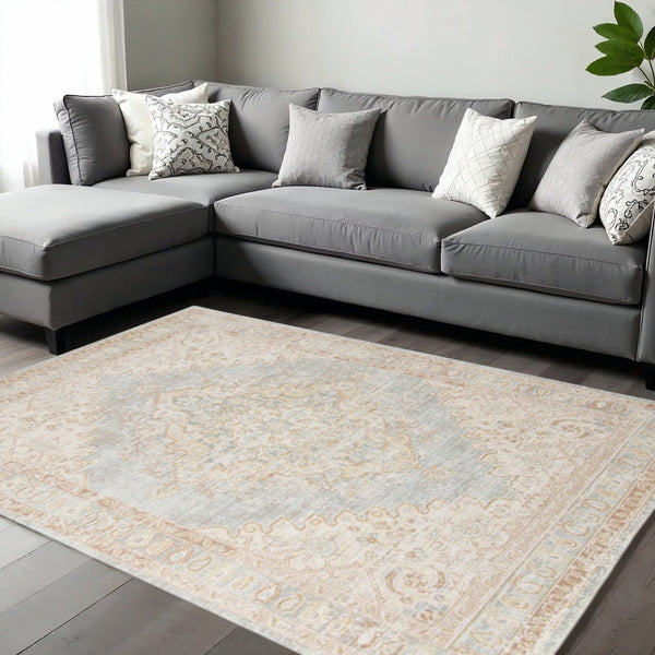 HomeRoots 9' Distressed Area Rug in Tan and Gray Medallion Design - Perfect for Any Living Space Elegance 8' X 10' 531994
