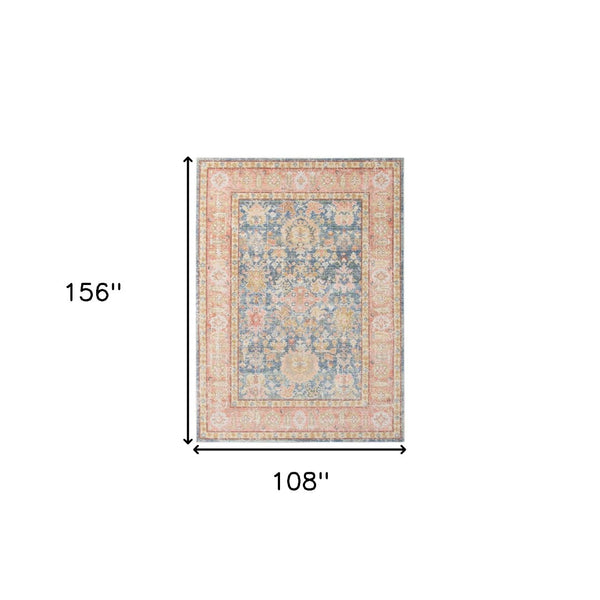 HomeRoots 9' Coral and Blue Oriental Area Rug - Classic Design, Durable, Easy-Care, Perfect for Large Spaces 9' X 13' 531995