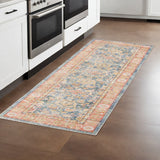 Homeroots 8' Blue Gold And Orange Floral Power Loom Runner Rug  Polyester 531996