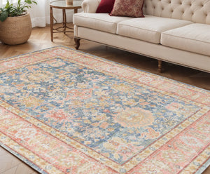 HomeRoots 9' Coral and Blue Oriental Area Rug - Classic Design, Durable, Easy-Care, Perfect for Large Spaces 5' X 8' 531998