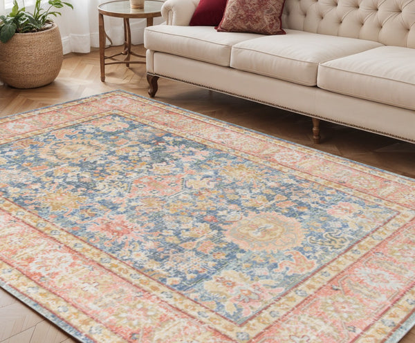 HomeRoots 9' Coral and Blue Oriental Area Rug - Classic Design, Durable, Easy-Care, Perfect for Large Spaces 5' X 8' 531998
