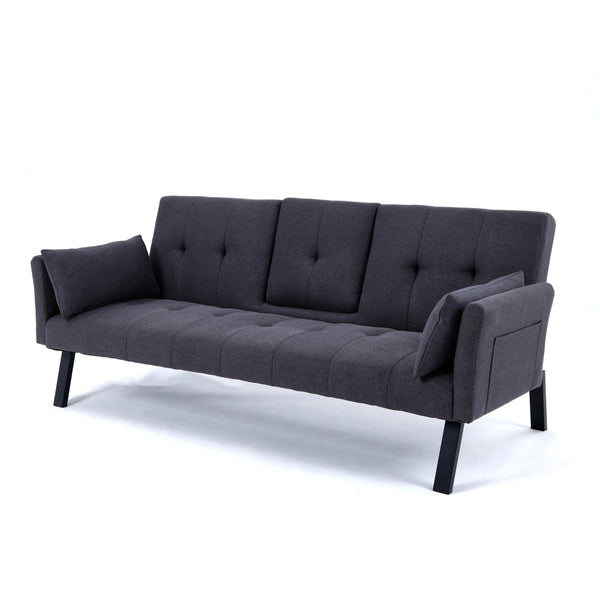 English Elm 70-inch Foldable Cotton Linen Sofa Bed with Cup Holder & Side Storage, Space-Saving 2-Seater Design DARK GREY W3371P337199