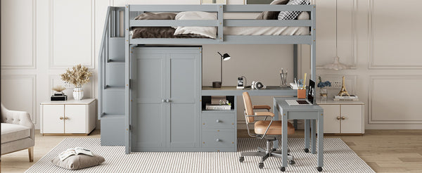 English Elm Queen Murphy Bed with Integrated Desk Cabinet Shelves Space Saving Studio Solution Gray N708S00014E