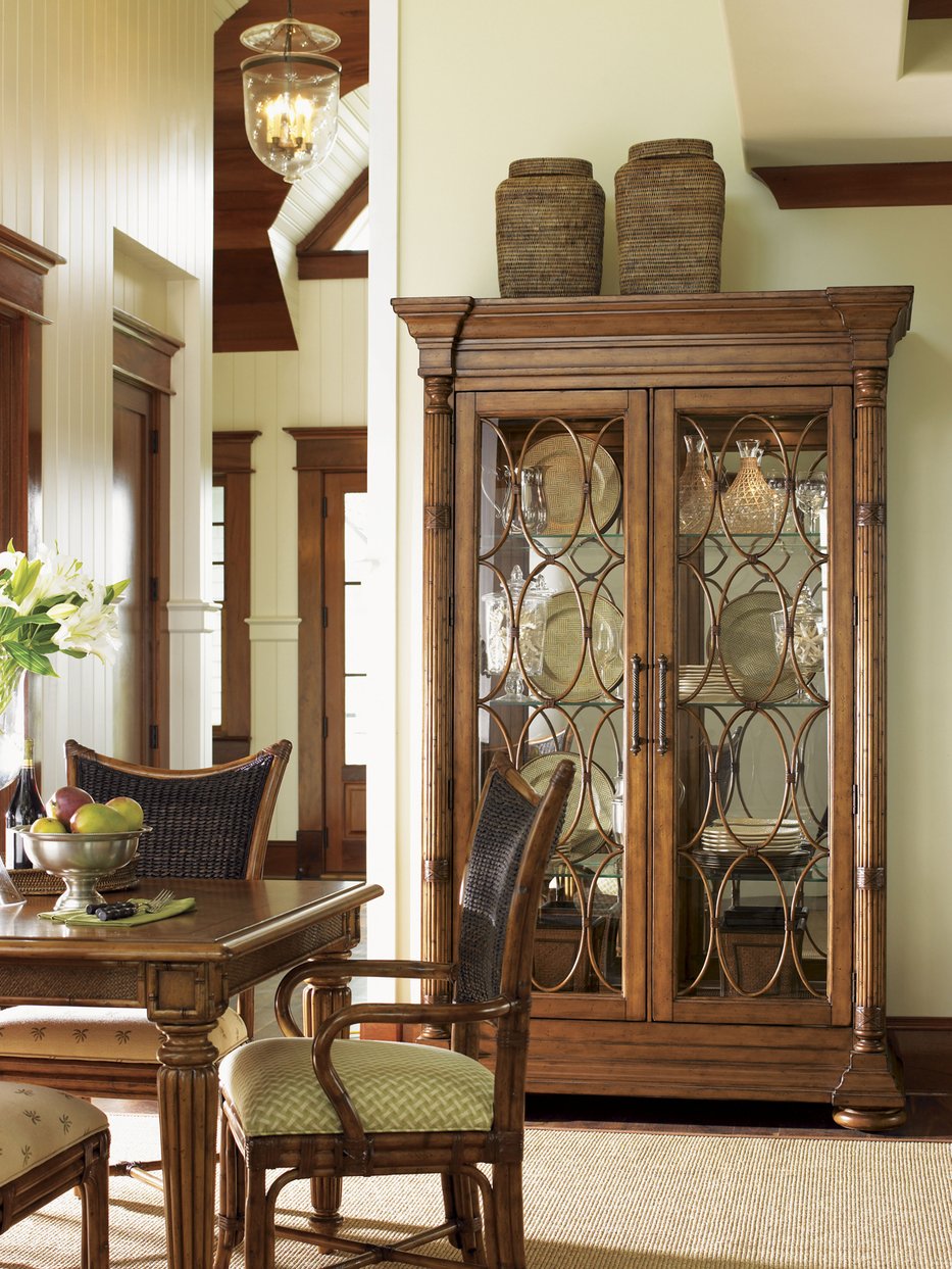 Lexington Tommy Bahama Home Mariana Display Cabinet – Elegant Island-inspired Design With Glass Shelves, Bamboo Fretwork & Lighting Plantation  531-864