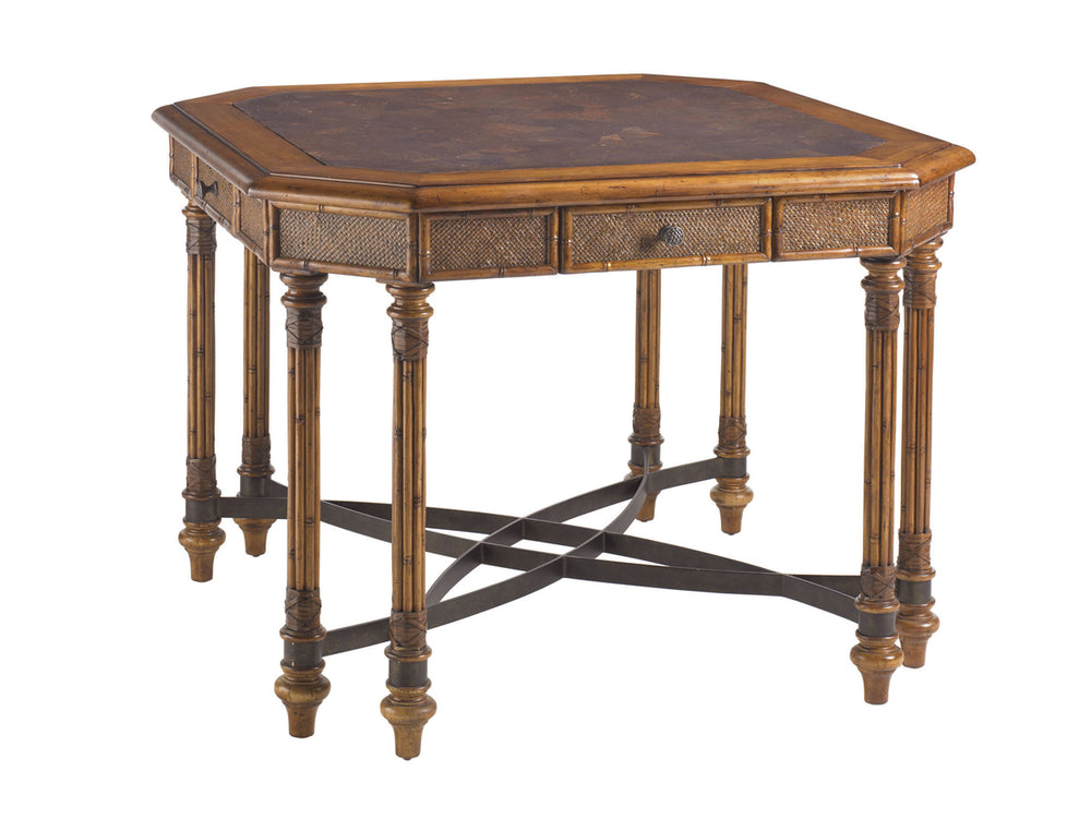 Lexington Tommy Bahama Home Samba Game Table - Elegant Caribbean Design With Cracked Cocoa Shell Top And Woven Rattan Drawers Plantation  531-931