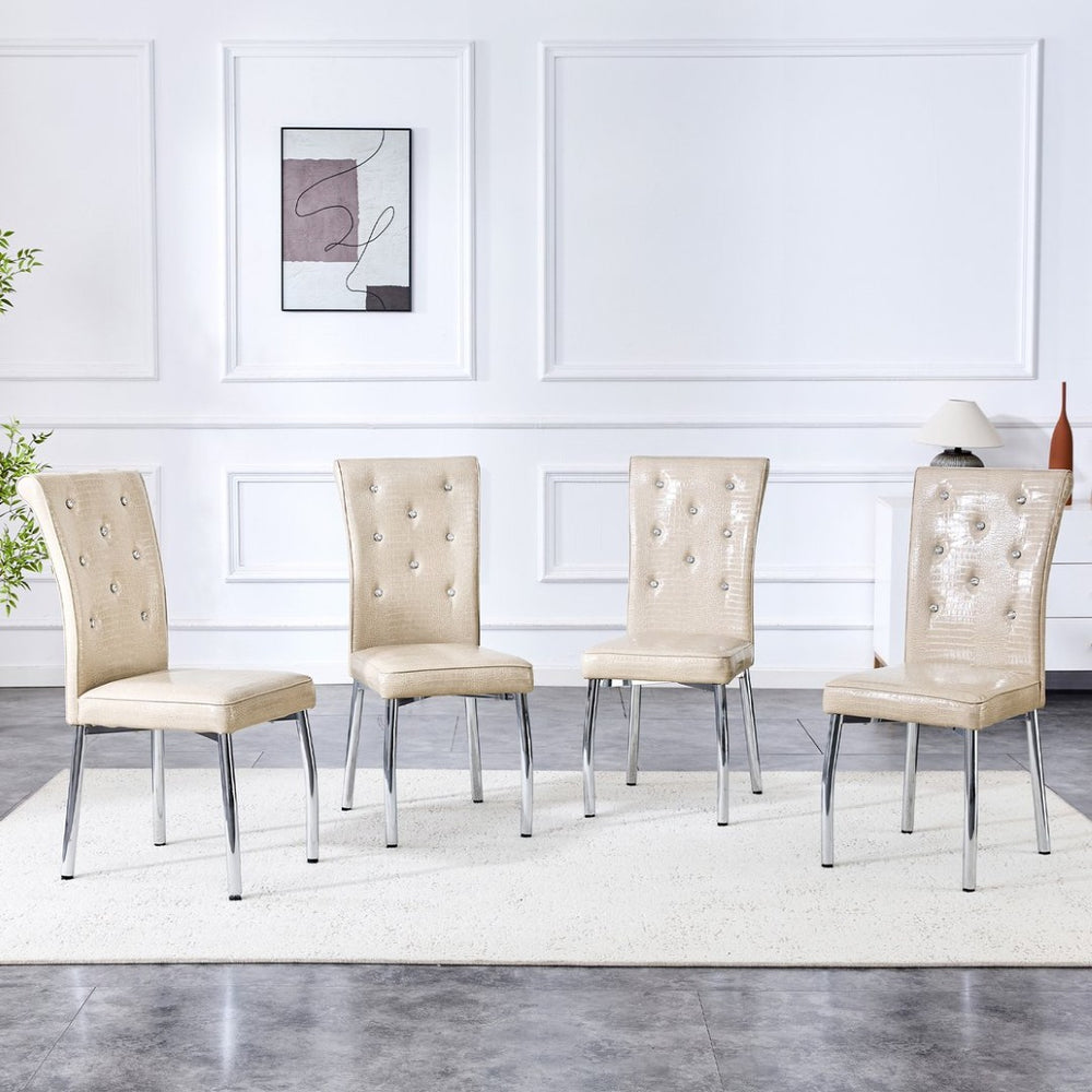 English Elm A Set of 2 Crystal Button Faux Leather Dining Chairs with Embossed Croc Texture Beige,Silver W3226P344041